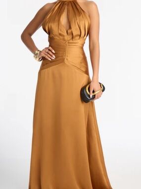Elegant Halter Satin Gown in Golden Brown